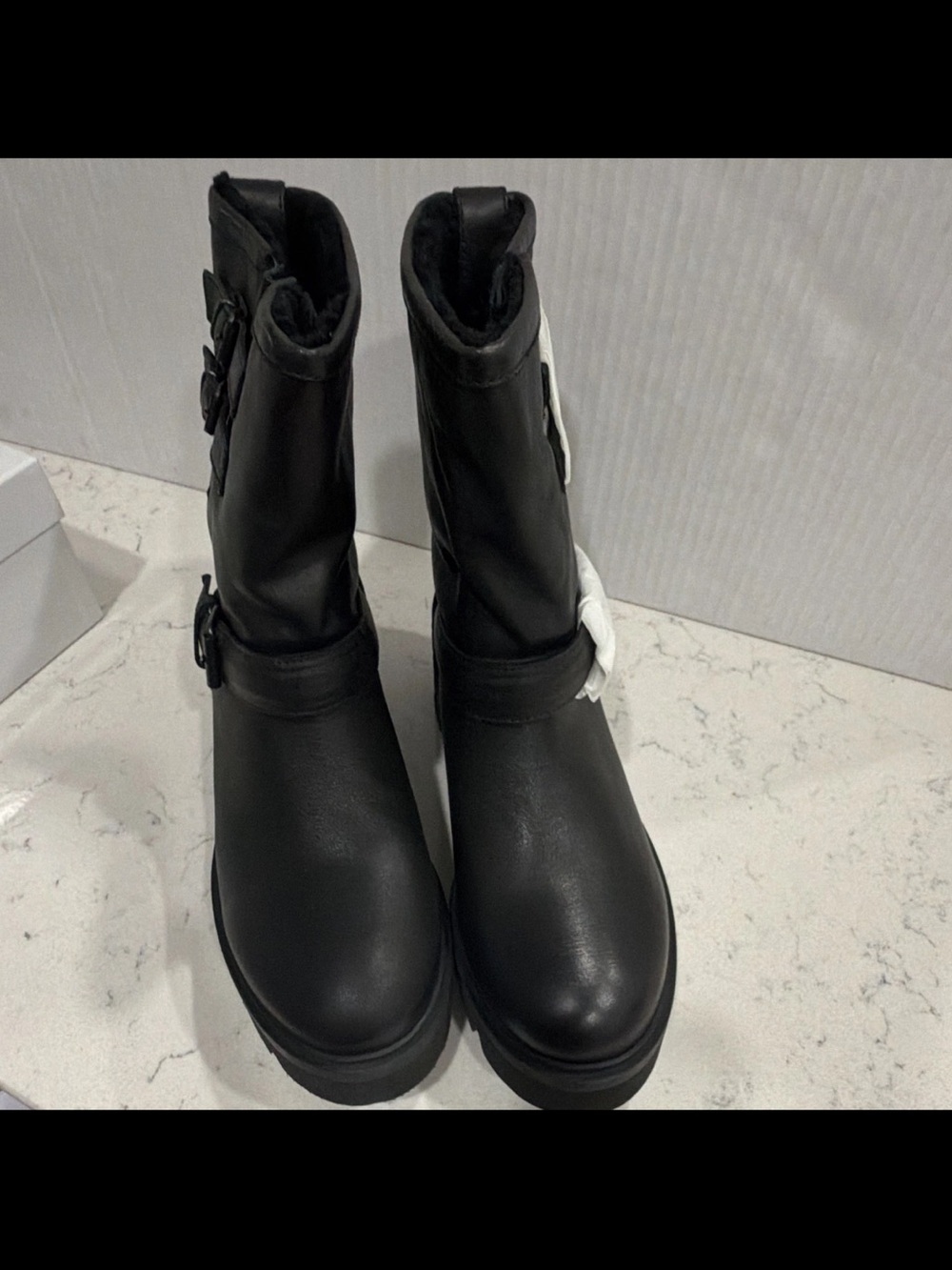 Ross & Snow Lucky Moto Boots Leather Shearling Buckle Black Size 10 NEW